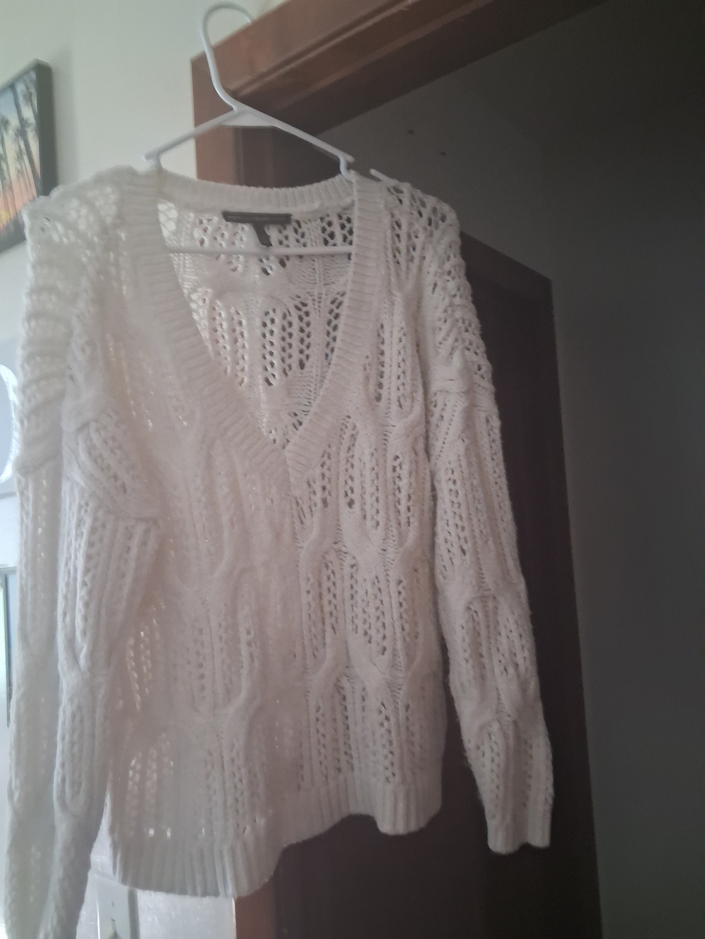 White House Black Market Cream Open-Knit V-Neck Cable Sweater
